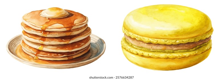 Delicious pancakes with syrup, vibrant yellow macarons, watercolor food illustration, gourmet dessert art.