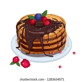 Delicious pancakes topped with chocolate sauce and berries lying on plate isolated on white background. Appetizing homemade dessert. Tasty cooked sweet breakfast. Colored vector illustration.