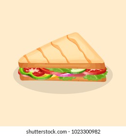 Delicious panini - cute cartoon colored picture of traditional Italian food. Graphic design elements for menu, advertising, poster, brochure or background. Vector illustration of fast food