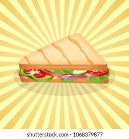 Delicious panini - cute cartoon colored picture of traditional Italian food. Graphic design elements for menu, advertising, poster, brochure or background. Vector illustration of fast food