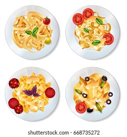 Delicious pasta dishes with sauce pepperoni tomatoes olives and herbs realistic set isolated on white background vector illustration