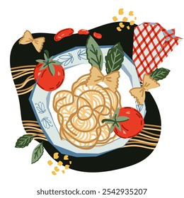 Massa deliciosa e prato de espaguete. Placa de massa italiana com outros ingredientes alimentares para embalagem e design têxtil, ilustração desenhada à mão vetorial isolada em branco.