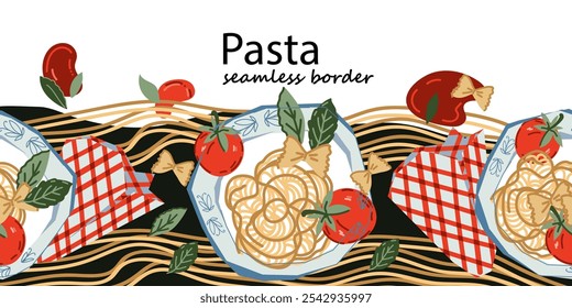 Deliciosa pasta y espaguetis   borde de borde sin fisuras. Platos de pasta italiana con otros ingredientes alimenticios en el borde decorativo sin fisuras, ilustración dibujada a mano de Vector aislado en blanco.