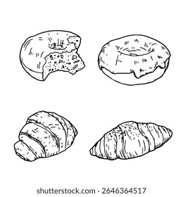 Delicious pastries, sweet rolls and croissants, donut with icing, a black and white ink sketch. Vector illustration. Set from bakery and pastry shop, isolated on a white background. The bitten donut