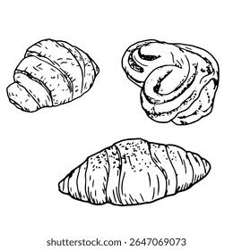 Delicious pastries, sweet rolls and croissants, a roll with poppy seeds and sugar, black and white ink sketches. Vector illustration. Bakery and pastry shop set, isolated on a white background