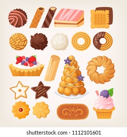 Delicious pastry products in different shapes and flavors made from various kinds of dough. Cookies and biscuits, cakes and waffles. Isolated vector images for your designs.