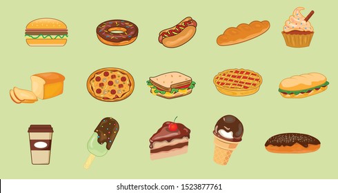 Delicious pastry products in different shapes and flavors made from various kinds of dough. Cookies and biscuits, cakes. Isolated vector images for your designs.