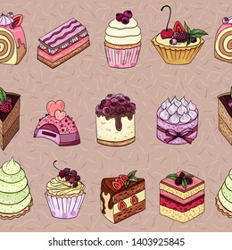 
Delicious pattern.. Many types cakes print. Colorful tasty background.