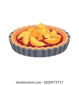 Delicious Peach Tart with Fresh Fruit Slices in a Metal Baking Tin Isolated on White Background