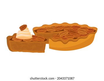 Delicious pecan pie with whipped cream icon vector. Slice of pecan pie icon isolated on a white background. Cake with pecans nuts vector