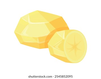 Delicious peeled potatoes in cartoon style. Vector illustration of fresh potato, whole and half isolated on white background. Healthy food. Vegetables. harvest. Root crops. Starchy vegetables. Useful.