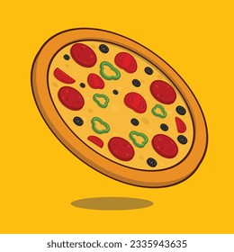 Delicious Pepperoni Pizza Illustration Vector Icon with  Tomato Olive