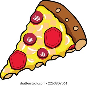 Delicious Pepperoni Pizza Slice Illustration. This vector art features a mouth-watering slice of pepperoni pizza with fresh tomato sauce and melted cheese. The slice is cut from a whole pizza.