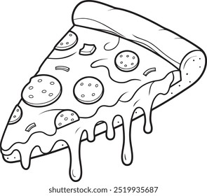 Deliciosa Pepperoni Pizza Slice Illustration - Linha de arte preta e branca