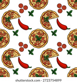 Delicious Pepperoni Pizza Slice and Ingredients vector pattern, vibrant Italian food illustration