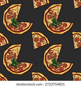 Delicious pepperoni pizza slices vector pattern illustration with basil and cheese