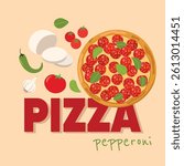 Delicious pepperoni pizza with tomato, mozzarella, garlic, chili and basil. Tasty fast food flat vector illustration. Perfect for menu, Italian cuisine, restaurant, pizzeria, food blog design