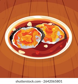 Delicious pickled crab with roe vector illustration. A popular Asian seafood dish, perfect for Thai or Korean cuisine themes. Great for food menus, restaurant designs, or cooking blogs.
