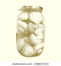 Delicious pickled mushrooms packed in a jar highlight the art of pickling. This trendy appetizer with a tart, vinegary flavor is perfect for snacking, combining vegetables with experimental methods.