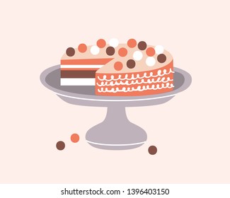 Delicious pie decorated with icing on cake stand isolated on light background. Tasty dessert, confection or sweet pastry. Decorative design element in hygge style. Flat cartoon vector illustration.