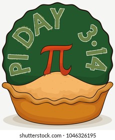Delicious pie with a decorative pi symbol in the top over a rounded label like chalkboard to celebrate Pi Day in March 14.