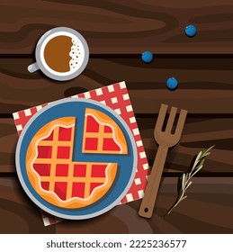 Delicious pie on a wooden table. Berry pie. American breakfast. American pie on top. Delicious food from above. Vector illustration.