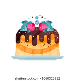 Delicious pie topped with chocolate sauce. Cake decorated with strawberries, blueberries and leaves. Flat vector icon with gradients and texture