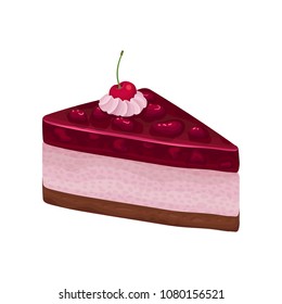 Delicious piece of cake with jelly. Tasty layered dessert decorated with red cherry. Flat vector element for menu or promo flyer