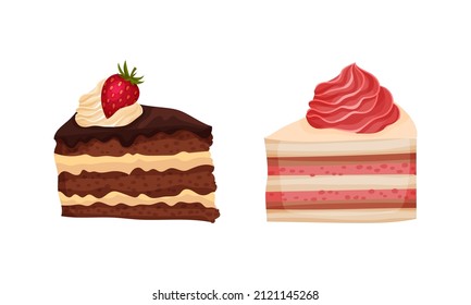 Delicious piece of cakes set. Sweet baked desserts, sliced birthday pie vector illustration