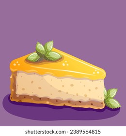 delicious piece of cheesecake on a lilac background