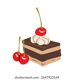 A delicious piece of chocolate layer cake topped with whipped cream and a cherry is isolated on a transparent background, perfect for dessert-themed projects.