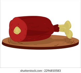 A delicious piece of meat with a bone on a wooden board. This cartoon illustration can be used as a logotype for meat products shops and meat products manufactures. Vector, isolated.