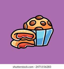 Delicious Pies and Cupcakes Vector Cartoon Illustration. Food Icon Concept Isolated Premium Vector. Flat Cartoon Concept for Event. Cute Doodle Cartoon Illustration Style. Suitable for any Project