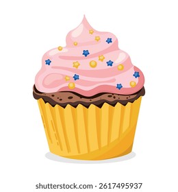 Delicious pink cupcake with cartoon illustration.