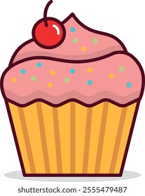 Delicious Pink Cupcake with Sprinkles and Cherry Topping. Vector illustration, Isolated on the artboard