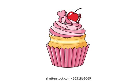Delicious Pink Cupcake Topped with Cherry and Hearts a Sweet Treat for Celebrations