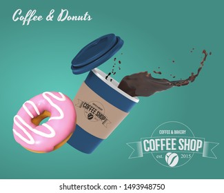 Delicious pink donut and cup of coffee on blue background. Tasty sweets with copy space. Realistic vector illustration.