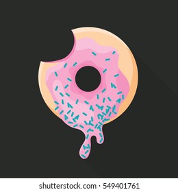 Delicious Pink Donut with Sprinkles flat icon Isolated on Black Background. Vector illustrator
