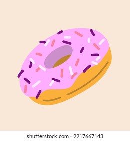 Delicious pink donut with sprinkles. Vector illustration