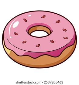 A delicious pink frosted donut with sprinkles, perfect for adding a sweet touch to your designs. This cartoon illustration is ideal for bakery menus, food blogs.