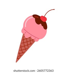 Delicious pink ice cream cone topped with chocolate and a cherry for summer enjoyment