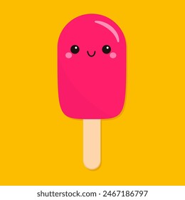 Delicioso helado rosa paleta. Lindo personaje de dibujos animados kawaii bebé divertido. Cara sonriente con ojos. Hola diseño de tarjeta de poster de verano. Estilo infantil de moda. Diseño plano. Fondo amarillo. Vector