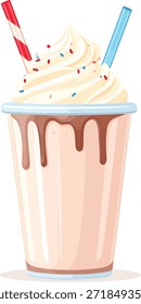 Deliciosa ilustração de vetor de milkshake rosa com molho de chocolate gotejando, chantilly, polvilhos e palhas. Bebida isolada de sobremesa de desenhos animados.
