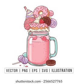 Delicious Pink Milkshake with Whipped Cream, Donut, and Candy Toppings - Vector Illustration