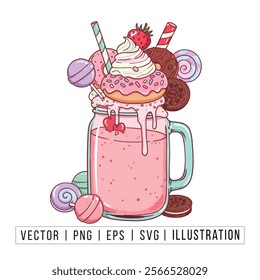 Delicious Pink Milkshake with Whipped Cream, Donut, and Candy Toppings - Vector Illustration