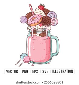 Delicious Pink Milkshake with Whipped Cream, Donut, and Candy Toppings - Vector Illustration