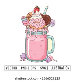 Delicious Pink Milkshake with Whipped Cream, Donut, and Candy Toppings - Vector Illustration