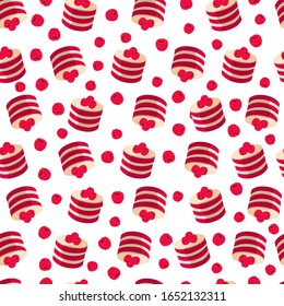 Delicioso patrón de pastel rosa para textil, tela, impresión. Fondo de tarta de frambuesa. Diseño del patrón de torta de frambuesa. Diseño de caramelos sin soldadura