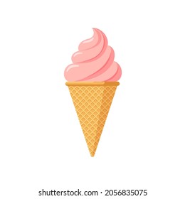 Delicious pink strawberry or raspberry ice cream in waffle cone. Tasty isolated twisted ice-cream on white background. Cute flat style icecream product design vector eps illustration