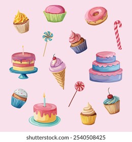 Delicious pink sweets featuring birthday cakes, candies, muffins, and donuts. Perfect for party invitations or dessert-themed designs.